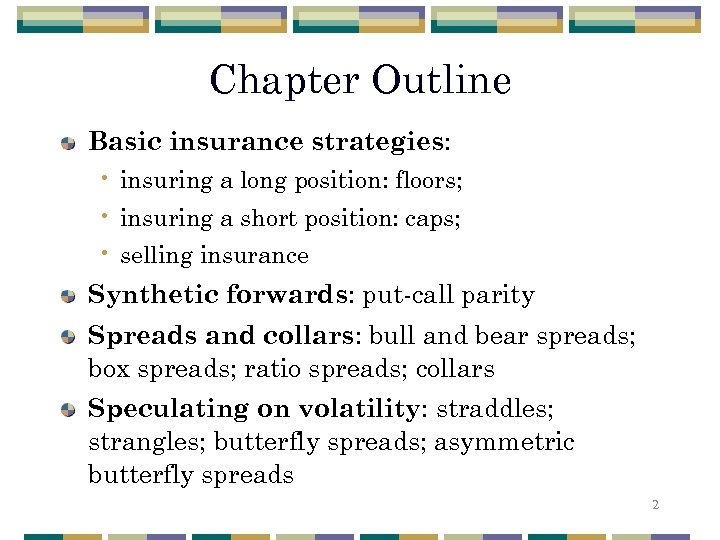 Chapter Outline Basic insurance strategies: • insuring a long position: floors; • insuring a
