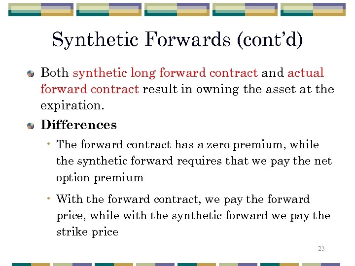 Synthetic Forwards (cont’d) Both synthetic long forward contract and actual forward contract result in