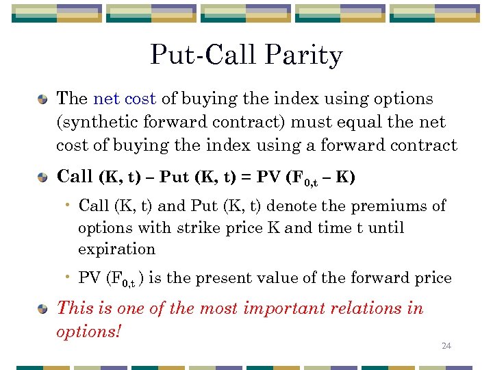 Put-Call Parity The net cost of buying the index using options (synthetic forward contract)