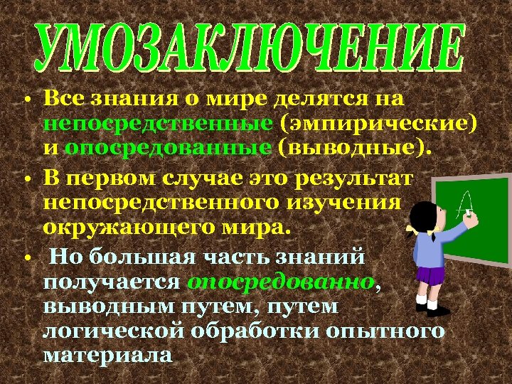 Все знания делятся на:. Опосредованные и непосредственные знания. Выводное знание.