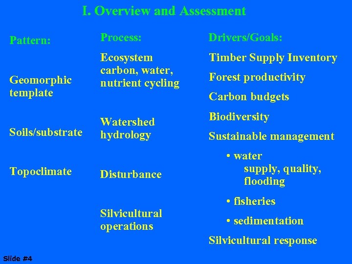 I. Overview and Assessment Pattern: Geomorphic template Soils/substrate Topoclimate Process: Drivers/Goals: Ecosystem carbon, water,