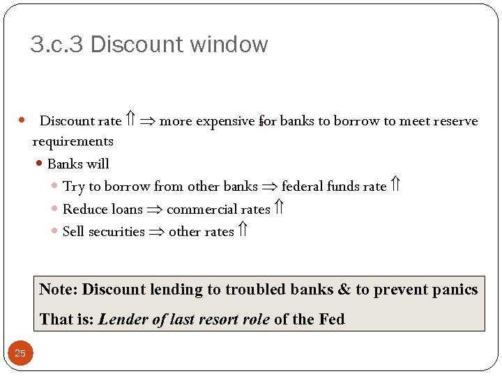 3. c. 3 Discount window Discount rate more expensive for banks to borrow to