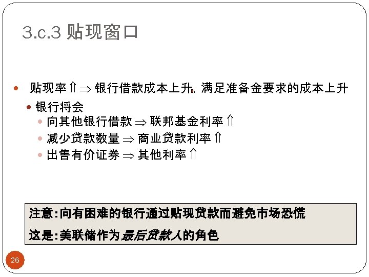 3. c. 3 贴现窗口 贴现率 银行借款成本上升，满足准备金要求的成本上升 银行将会 向其他银行借款 联邦基金利率 减少贷款数量 商业贷款利率 出售有价证券 其他利率 注意：向有困难的银行通过贴现贷款而避免市场恐慌