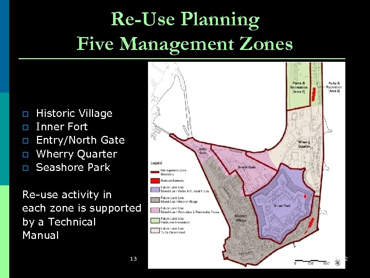 Re-Use Planning Five Management Zones p p p Historic Village Inner Fort Entry/North Gate