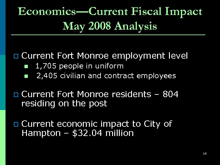 Economics—Current Fiscal Impact May 2008 Analysis p Current Fort Monroe employment level n n