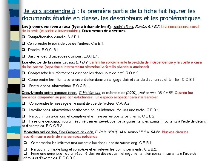  Je vais apprendre à : la première partie de la fiche fait figurer