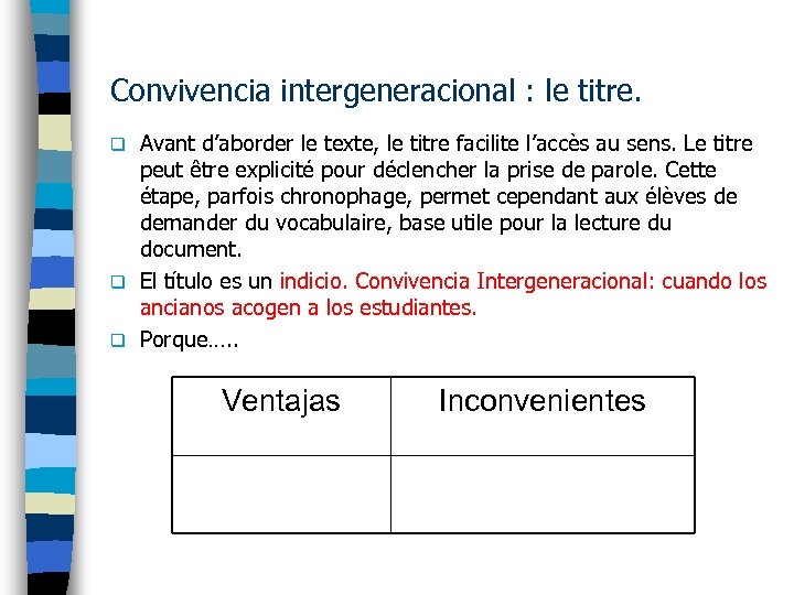Convivencia intergeneracional : le titre. Avant d’aborder le texte, le titre facilite l’accès au