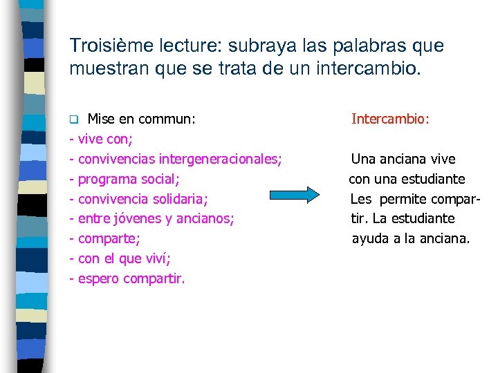 Troisième lecture: subraya las palabras que muestran que se trata de un intercambio. Mise