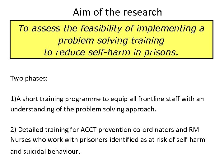 Aim of the research To assess the feasibility of implementing a problem solving training