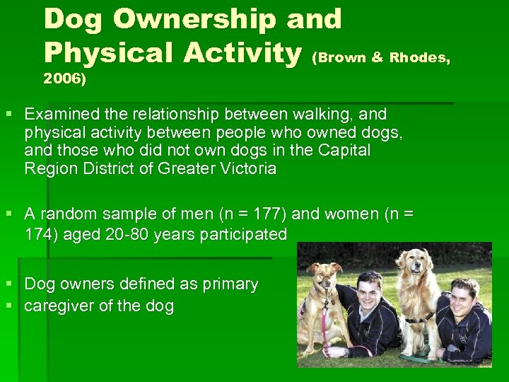 Dog Ownership and Physical Activity (Brown & Rhodes, 2006) § Examined the relationship between