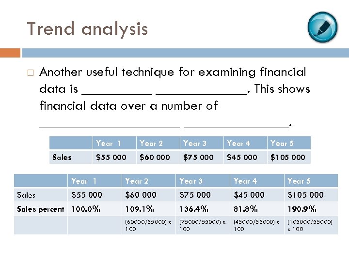 Trend analysis Another useful technique for examining financial data is _____________. This shows financial