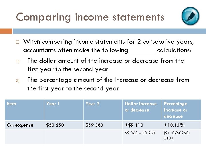 Comparing income statements 1) 2) When comparing income statements for 2 consecutive years, accountants