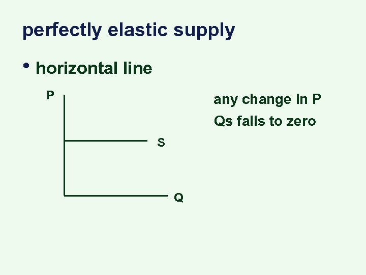 perfectly elastic supply • horizontal line P any change in P Qs falls to