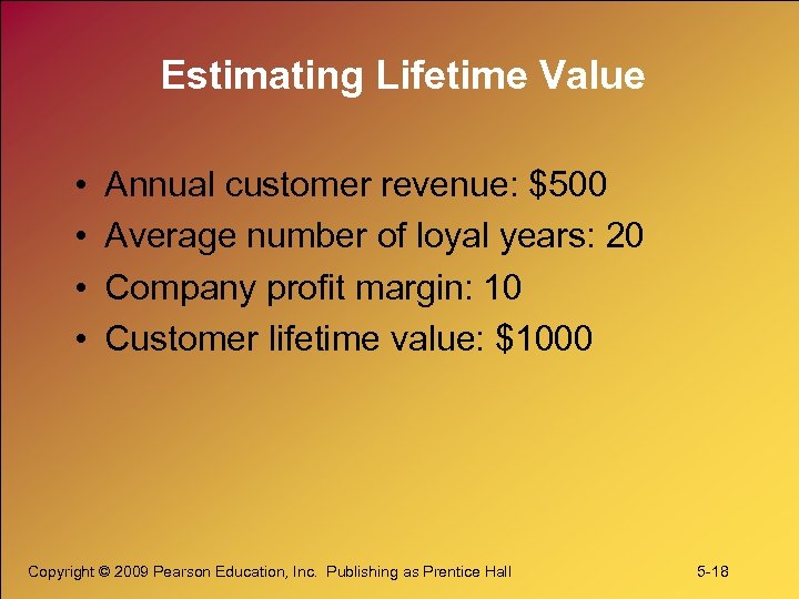 Estimating Lifetime Value • • Annual customer revenue: $500 Average number of loyal years: