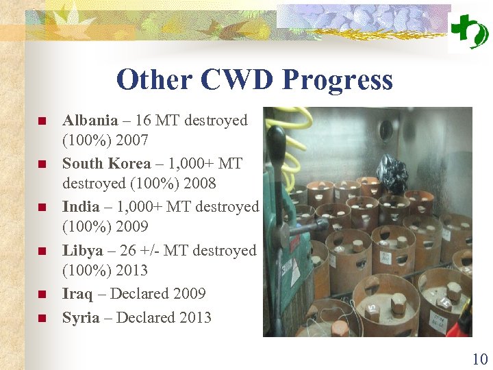 Other CWD Progress n n n Albania – 16 MT destroyed (100%) 2007 South