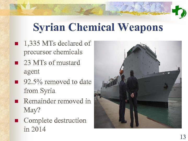 Syrian Chemical Weapons n n n 1, 335 MTs declared of precursor chemicals 23