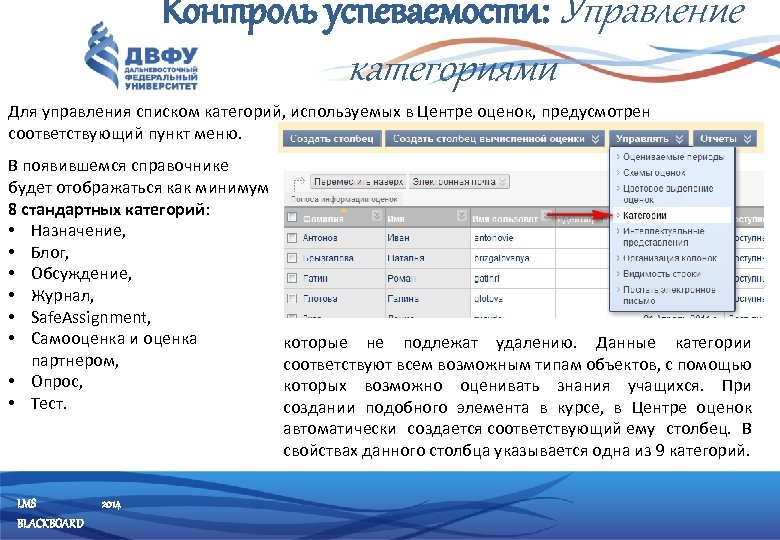 Контроль успеваемости: Управление категориями Для управления списком категорий, используемых в Центре оценок, предусмотрен соответствующий