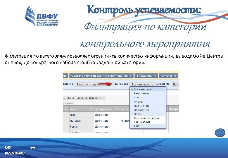 Контроль успеваемости: Фильтрация по категории контрольного мероприятия Фильтрация по категориям позволяет ограничить количество информации,