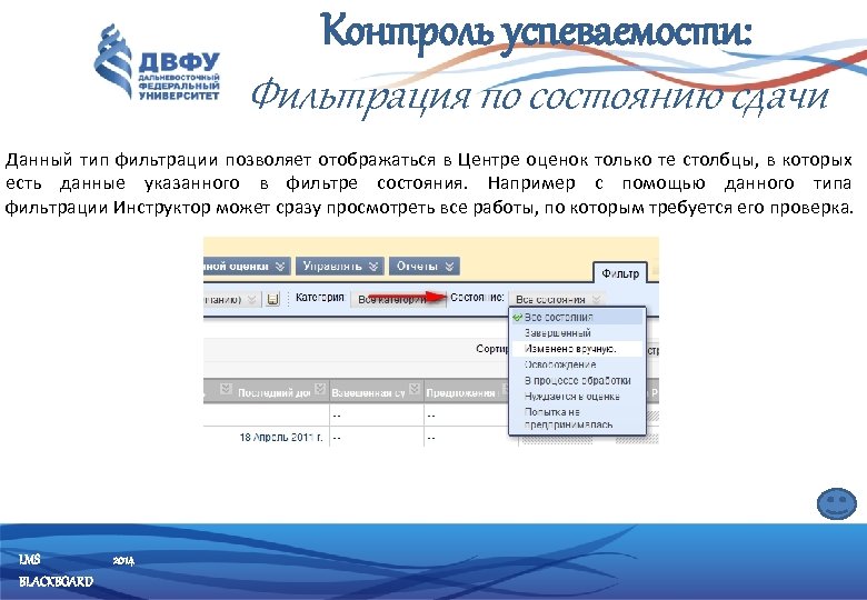 Контроль успеваемости: Фильтрация по состоянию сдачи Данный тип фильтрации позволяет отображаться в Центре оценок