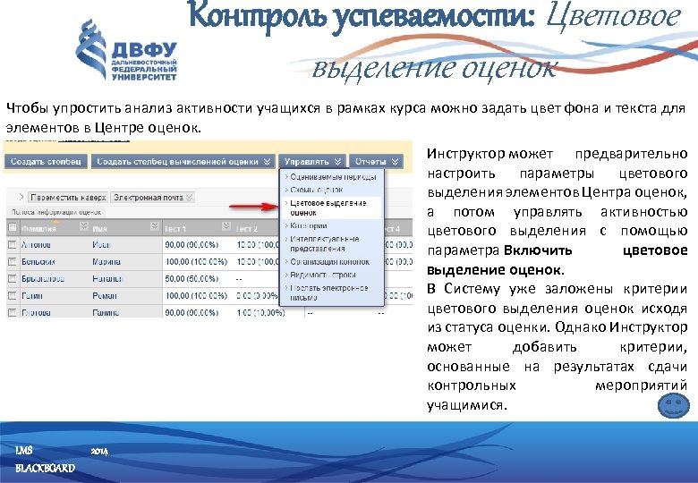 Контроль успеваемости: Цветовое выделение оценок Чтобы упростить анализ активности учащихся в рамках курса можно