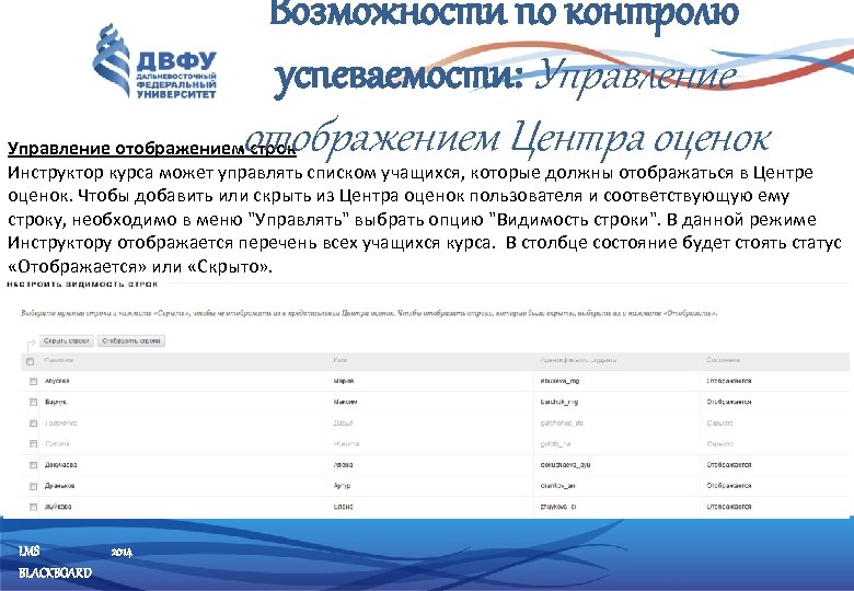 Возможности по контролю успеваемости: Управление отображением Центра оценок Управление отображением строк Инструктор курса может