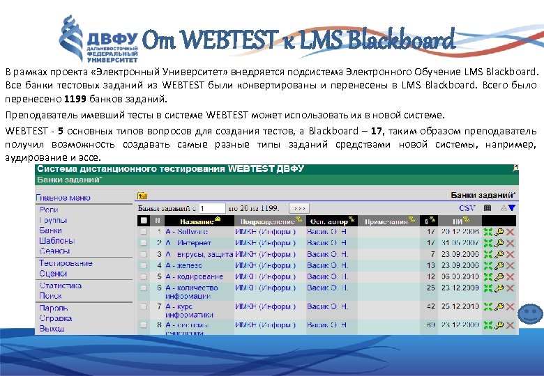 От WEBTEST к LMS Blackboard В рамках проекта «Электронный Университет» внедряется подсистема Электронного Обучение