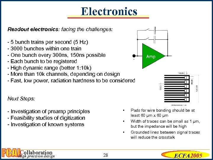 Electronics Readout electronics: facing the challenges: - 5 bunch trains per second (5 Hz)