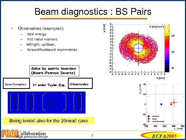 Beam diagnostics : BS Pairs • Observables (examples): – total energy – first radial