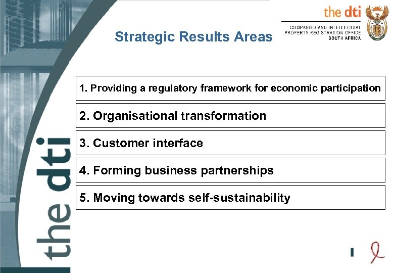 Strategic Results Areas 1. Providing a regulatory framework for economic participation 2. Organisational transformation