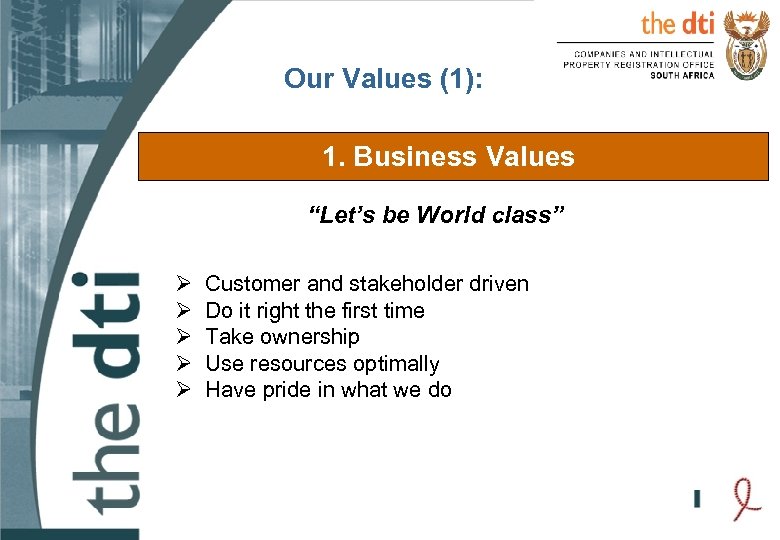 Our Values (1): 1. Business Values “Let’s be World class” Ø Ø Ø Customer