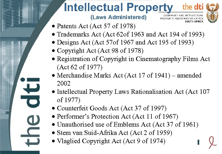 Intellectual Property (Laws Administered) · Patents Act (Act 57 of 1978) · Trademarks Act