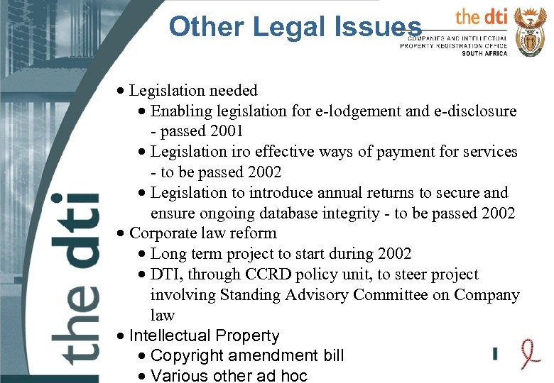 Other Legal Issues · Legislation needed · Enabling legislation for e-lodgement and e-disclosure -