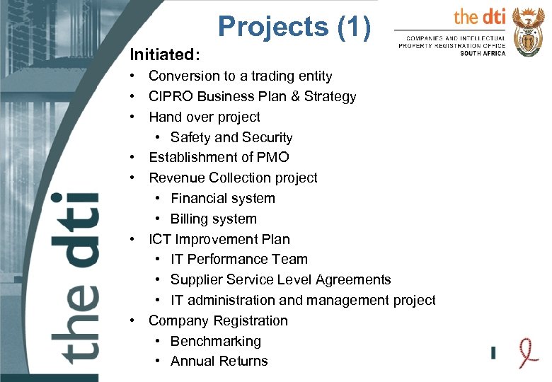 Projects (1) Initiated: • Conversion to a trading entity • CIPRO Business Plan &
