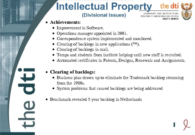 Intellectual Property (Divisional Issues) · Achievements: · · · · Improvement in Software. Operations