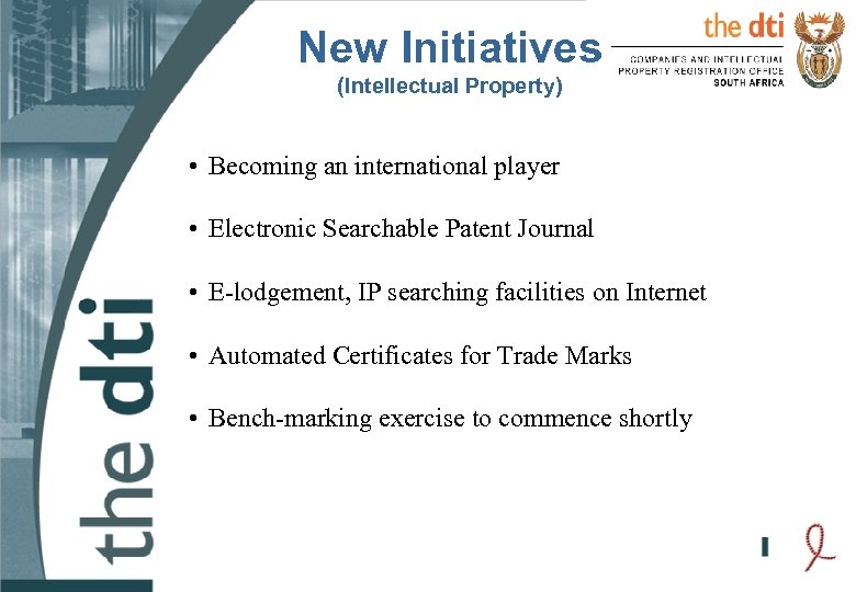 New Initiatives (Intellectual Property) • Becoming an international player • Electronic Searchable Patent Journal