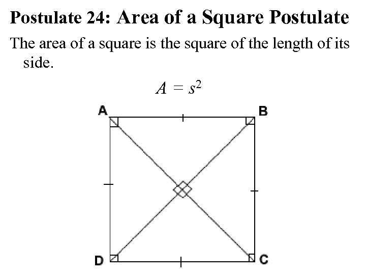 Postulate 24: Area of a Square Postulate The area of a square is the