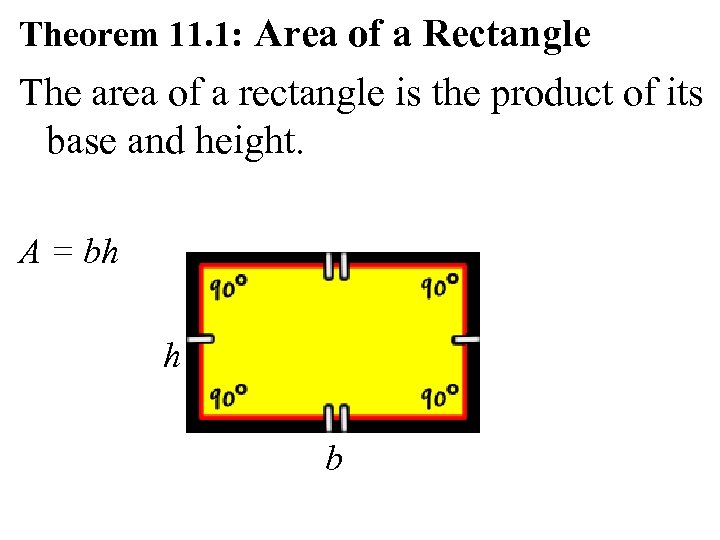 Theorem 11. 1: Area of a Rectangle The area of a rectangle is the