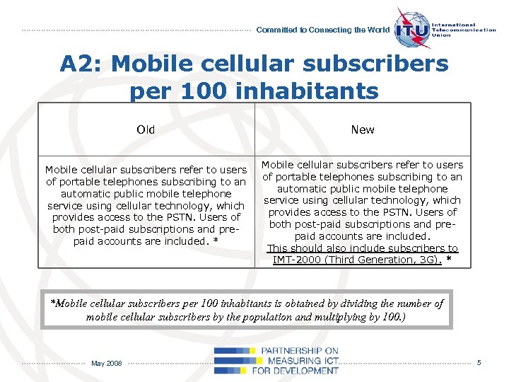 Committed to Connecting the World A 2: Mobile cellular subscribers per 100 inhabitants Old
