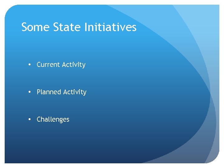 Some State Initiatives • Current Activity • Planned Activity • Challenges 