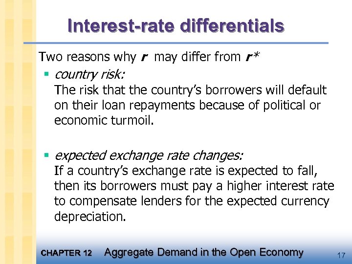 Interest-rate differentials Two reasons why r may differ from r* § country risk: The