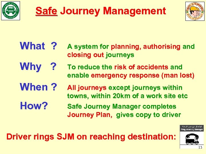 Safe Journey Management What ? A system for planning, authorising and closing out journeys