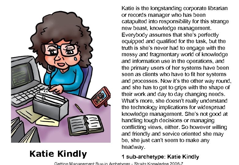 Katie Kindly Katie is the longstanding corporate librarian or records manager who has been