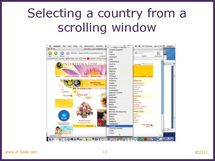 Selecting a country from a scrolling window www. id-book. com 12 © 2011 