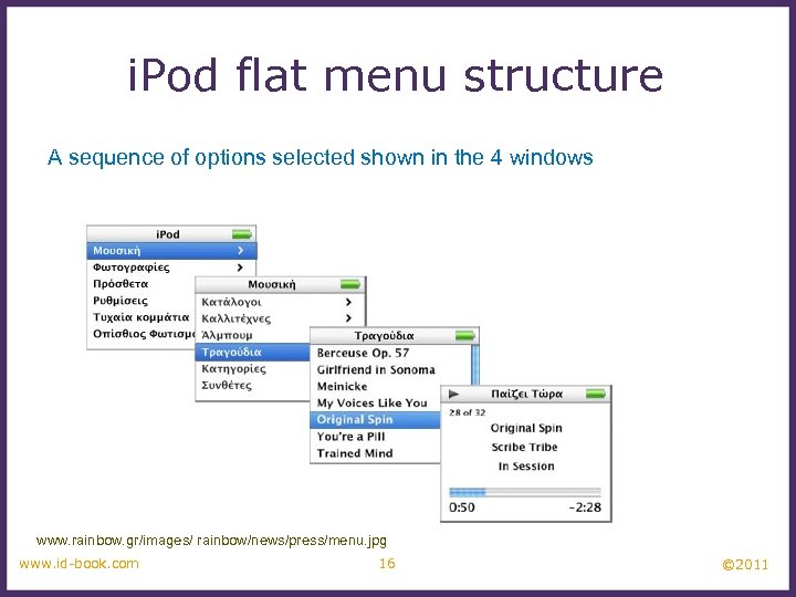 i. Pod flat menu structure A sequence of options selected shown in the 4