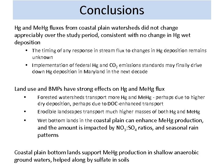 Conclusions Hg and Me. Hg fluxes from coastal plain watersheds did not change appreciably