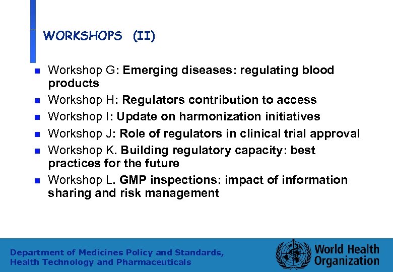 WORKSHOPS (II) n n n Workshop G: Emerging diseases: regulating blood products Workshop H: