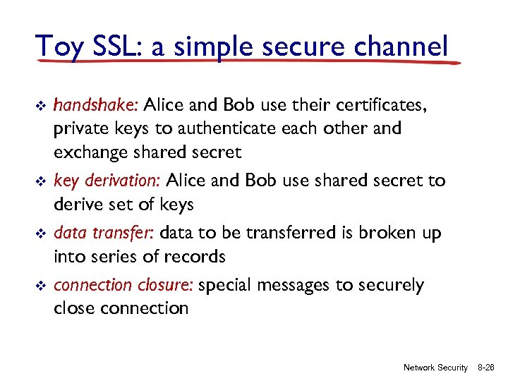 Toy SSL: a simple secure channel v v handshake: Alice and Bob use their