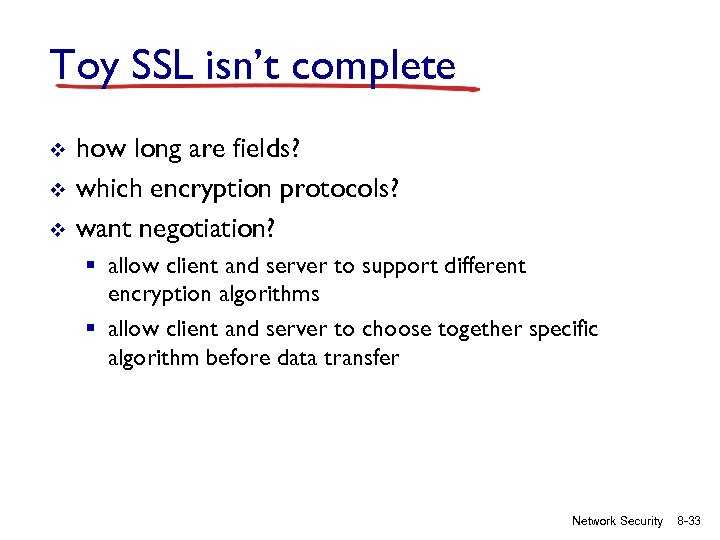 Toy SSL isn’t complete v v v how long are fields? which encryption protocols?