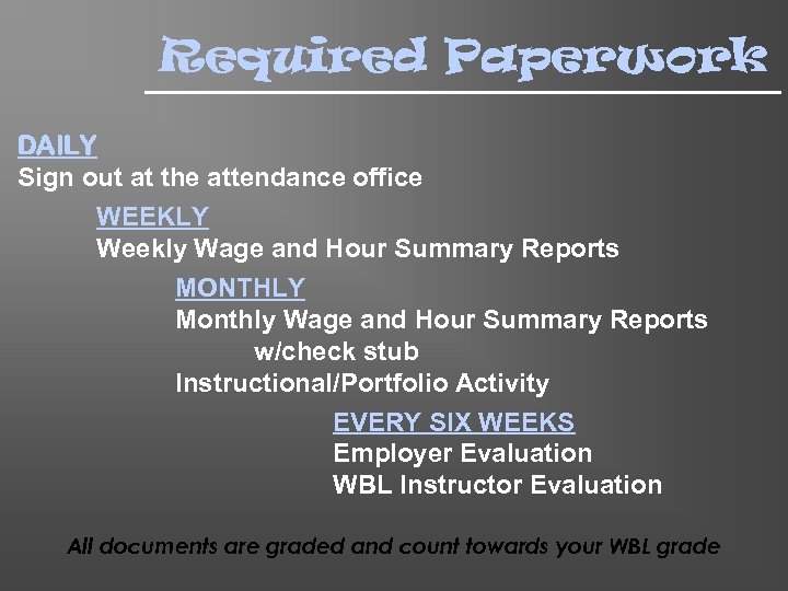 Required Paperwork DAILY Sign out at the attendance office WEEKLY Weekly Wage and Hour