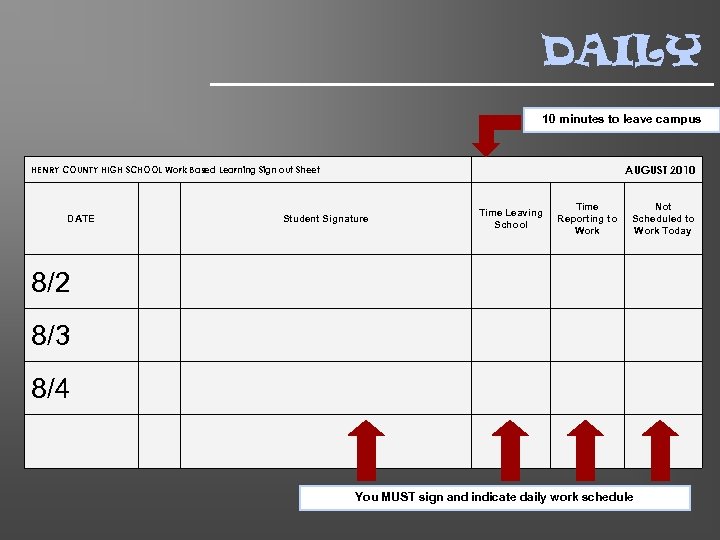 DAILY 10 minutes to leave campus AUGUST 2010 HENRY COUNTY HIGH SCHOOL Work Based